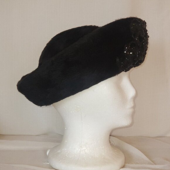 Faux Fur Hat 50s Beaded Bedazzled Cossack Black Size 22 Martelle of West Germany - Picture 3 of 11